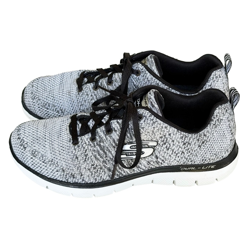 Skechers Flex Appeal 2.0 High Energy Womens 7 Black White Knit Sneakers 12756